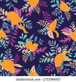 Sleeping Cats in The Garden Seamless Vector Pattern