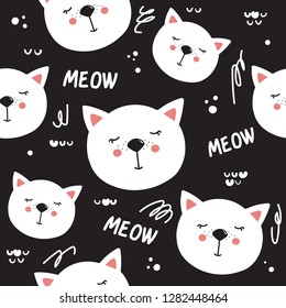 Sleeping cats, hand drawn backdrop. Black and white seamless pattern with animals. Decorative cute wallpaper, good for printing. Overlapping background vector. Design illustration