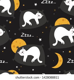 Sleeping cats, hand drawn backdrop. Colorful seamless pattern with animals, moons, stars. Decorative cute wallpaper, good for printing. Overlapping background vector. Design illustration