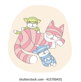 Sleeping Cat's mom and playing kittens