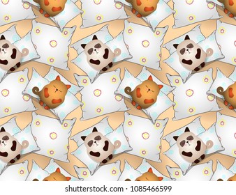 Sleeping cats on pillow, seamless pattern, vector