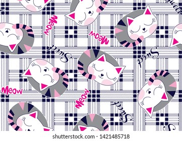 Sleeping Cats on plaid background for kids wear,baby collection textile print