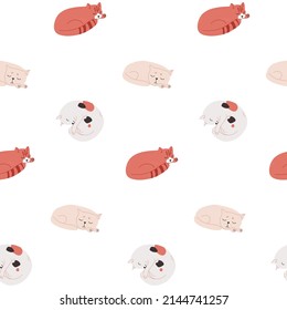 Sleeping cats on a seamless pattern. Vector wallpaper with kittens that lie resting. Cute hand-drawn feline texture