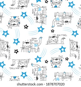 Sleeping cats pattern with comet stars for textile print