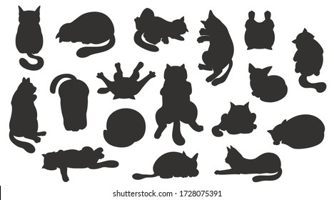 Sleeping cats poses. Flat color simple style design. Black silhouettes cats. Vector illustration