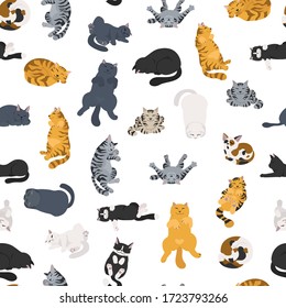 Sleeping cats poses seamless pattern. Flat different color simple style design. Vector illustration