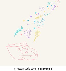 Sleeping cats postcard. Colorful cats love design. Vector illustration.
