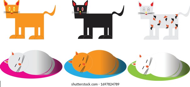 Sleeping cats and standing cats with difference color