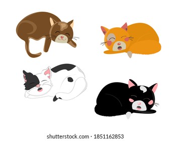 Sleeping cats vector set. Cartoon kittens collection. Cat charactes, sleeping funny kitties. White, orange, black, brown cats isolated on white