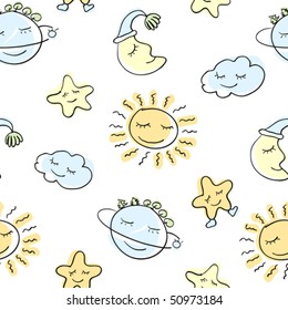 Sleeping celestial bodies, seamless design pattern. Preferably the textile use, such as printing on pajamas for children. Easy editable, adobe illustrator  8.0