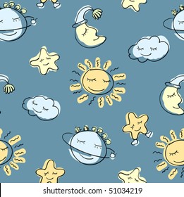 Sleeping celestial bodies, seamless design pattern. Preferably the textile use, such as printing on pajamas for children. Easy editable, adobe illustrator  8.0