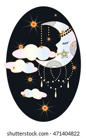 Sleeping Celestial Moon Face over cloudless night sky - Vector 
