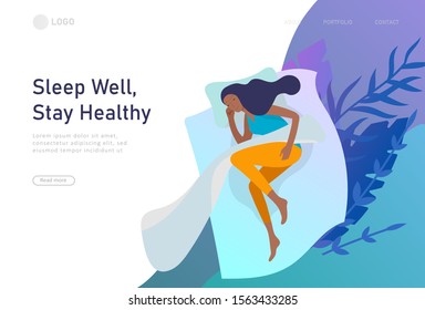 Sleeping character girl landing page template. The woman sleeps in bed alone in different poses, different poses during a night sleep. View from above. Colorful vector illustration.