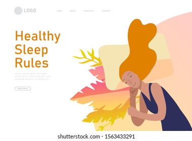 Sleeping character girl landing page template. The woman sleeps in bed alone in different poses, different poses during a night sleep. View from above. Colorful vector illustration.