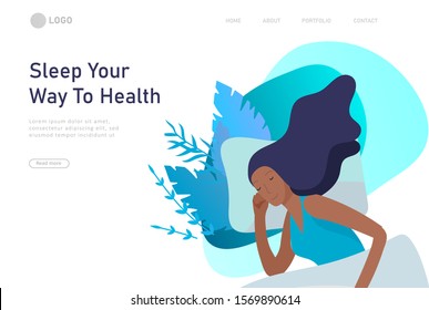 Sleeping character girl landing page template. The woman sleeps in bed alone in different poses, different poses during a night sleep. View from above. Colorful vector illustration.