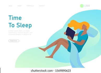 Sleeping character girl landing page template. The woman sleeps in bed alone in different poses, different poses during a night sleep. View from above. Colorful vector illustration.