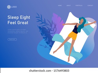 Sleeping character girl landing page template. The woman sleeps in bed alone in different poses, different poses during a night sleep. View from above. Colorful vector illustration.