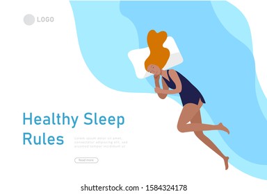 Sleeping character girl landing page template. The woman sleeps in bed alone in different poses, different poses during a night sleep. View from above. Colorful vector illustration.