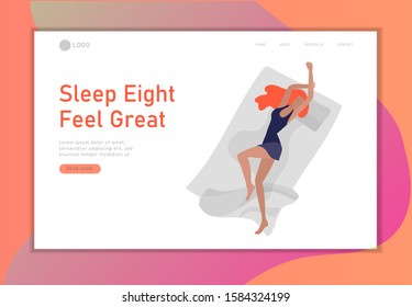 Sleeping character girl landing page template. The woman sleeps in bed alone in different poses, different poses during a night sleep. View from above. Colorful vector illustration.