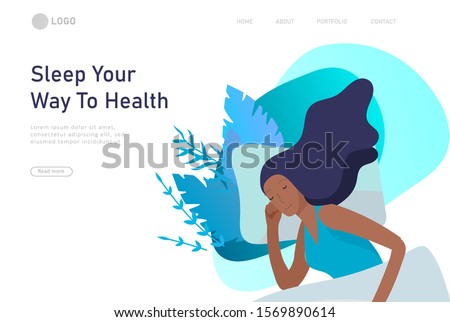 Sleeping character girl landing page template. The woman sleeps in bed alone in different poses, different poses during a night sleep. View from above. Colorful vector illustration.