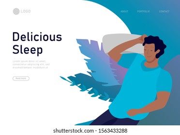 Sleeping character landing page template. The boy sleeps in bed alone in different poses, different poses during a night sleep. View from above. Colorful vector illustration.