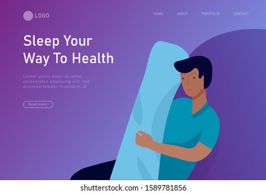 Sleeping character landing page template. The boy sleeps in bed alone in different poses, different poses during a night sleep. View from above. Colorful vector illustration.