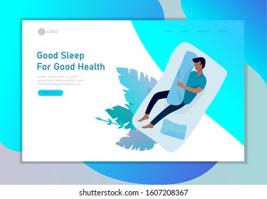 Sleeping character landing page template. The boy sleeps in bed alone in different poses, different poses during a night sleep. View from above. Colorful vector illustration.