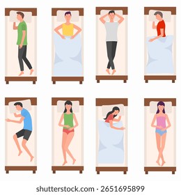 Sleeping character vector. Girl and boy in different bedtime positions on mattress. Isolated cartoon rest illustration for comfort and health. Peaceful posture with pillow and blanket in night setting