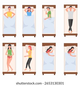 Vetor de caracteres latentes. Menina e menino em diferentes posições para dormir no colchão. Ilustração isolada de descanso de desenho animado para conforto e saúde. Postura pacífica com travesseiro e cobertor no cenário noturno