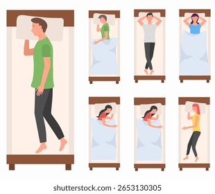 Vetor de caracteres latentes. Menina e menino em diferentes posições para dormir no colchão. Ilustração isolada de descanso de desenho animado para conforto e saúde. Postura pacífica com travesseiro e cobertor no cenário noturno