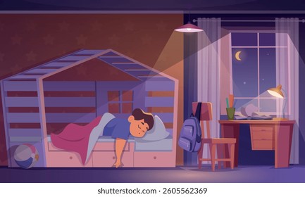Sleeping characters. Adorable kids sleeping in funny cozy poses exact vector cartoon background