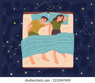 Sleeping characters in bed, lying asleep couple in night sky. Young family or couple night time resting vector illustration. Healthy sleep concept