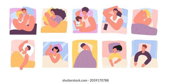 Sleeping characters. Sleep mother, in bed with book. Bedtime concept, people lying on soft pillow. Relaxation, children and parents dream at night utter vector set