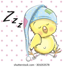 Sleeping Chicken in a cap on a dots background
