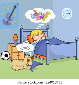 Sleeping child, bedtime, sweet dreams, vector illustration