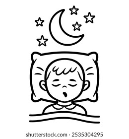 Sleeping child boy lying on bed pillow in bedroom, baby asleep, night time dream rest, kid bedtime line icon. Sleepy person napping under blanket on cushion. Soft home bedding linen textile. Vector