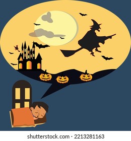 sleeping child and dreaming about halloween, Full moon, witch cauldron, and flying bat.  Vector illustration