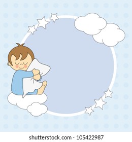 Sleeping child hugging the pillow. Frame baby boy for text or photo
