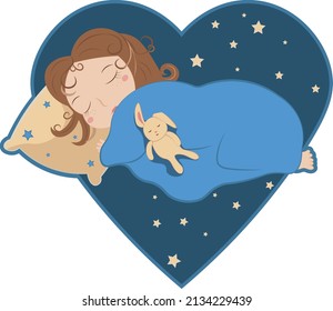 Sleeping child with stars and toy vector illustration. Cute girl sleeping on a heart with stars label stock image