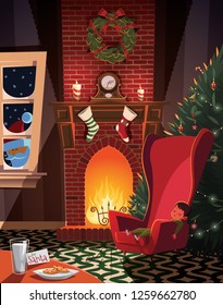 Sleeping child waiting for Santa in christmas decorated room