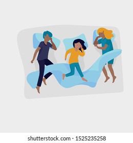 Sleeping children character. Boy and girl sleep in bed together and alone in various poses, different postures during night slumber. Top view. Colorful vector illustration