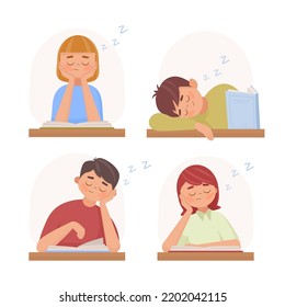 Sleeping children at the study table. Cute Kids boys and girls sleep with book in class. Lazy pupils vector set. Flat vector cartoon style