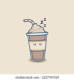 sleeping chocolate milkshake in takeaway cup with whip cream topping illustration. fall asleep frappe coffee in plastic cup illustration mascot cartoon character