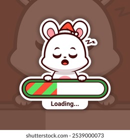 Sleeping Christmas Bunny Holding a Loading Bar, Cute Vector Sticker Design, holidays are coming
