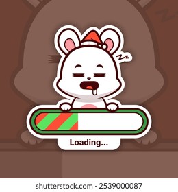 Sleeping Christmas Bunny Holding a Loading Bar, Cute Vector Sticker Design, holidays are coming