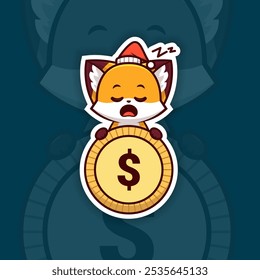 Sleeping Christmas Fox Holding Coin or Money Icon, Vector Sticker Design