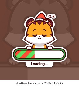 Sleeping Christmas Tiger Holding a Loading Bar, Cute Vector Sticker Design
