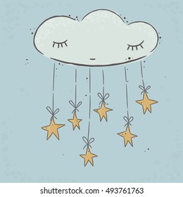 A sleeping cloud and stars. suitable for printing on a t-shirt or sweatshirt, shirt design, print cloud, sketch cloud, Children's fashion shirt. Cute cloud vintage