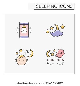 Sleeping color icons set. Nighttime with moon, stars and cloud. Alarm clock. Sleep in comfortable bed. Deep resting concept. Isolated vector illustrations