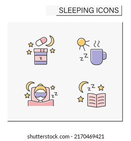 Sleeping color icons set. Nighttime with moon, stars and cloud. Tonic rink and pills. Sleep in comfortable bed. Deep resting concept. Isolated vector illustrations